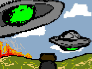 Graphic of person and UFOs