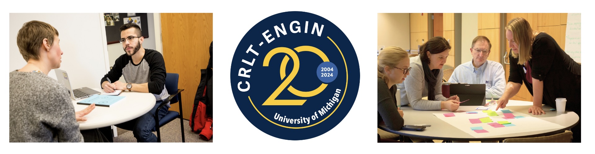 Untitled design - 15 Image 1: CRLT-Engin Consultant meets with a student instructor; Image 2: CRLT-Engin 20th Anniversary Logo; Image 3: Michigan Engineering Instructors connect during a workshop