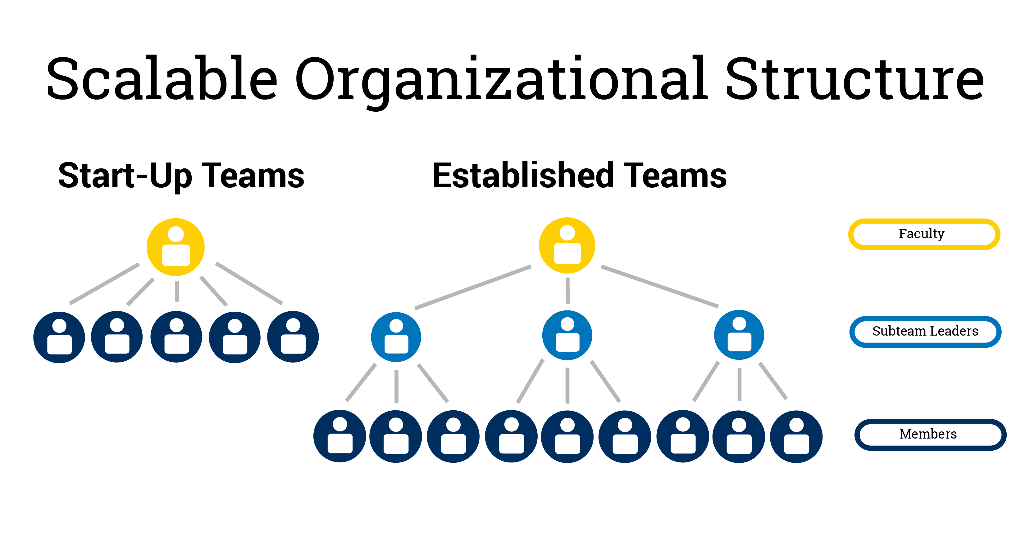 FRST Structure A diagram titled "Scalable Organization Structure" with two tree diagrams and three levels: Faculty, Subteam Leaders, and Members.