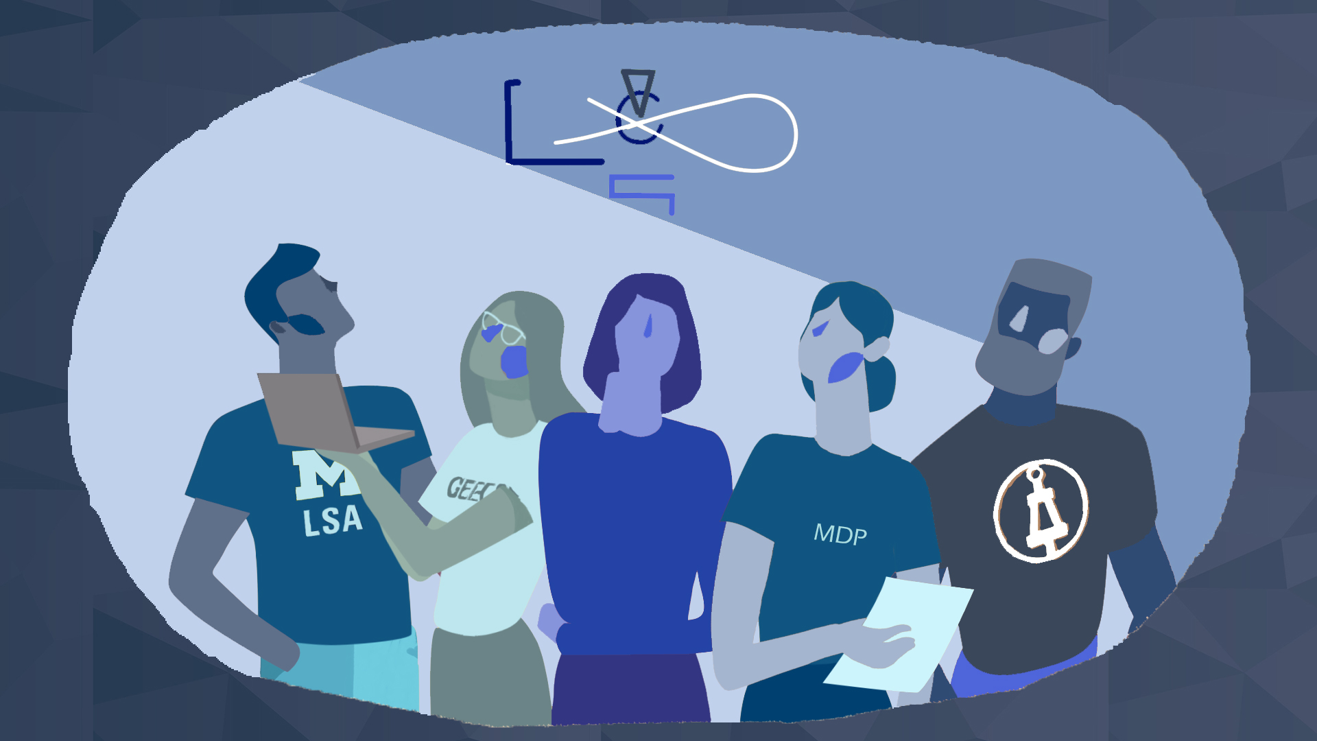 Five cartoon people looking at shapes and symbols above their heads