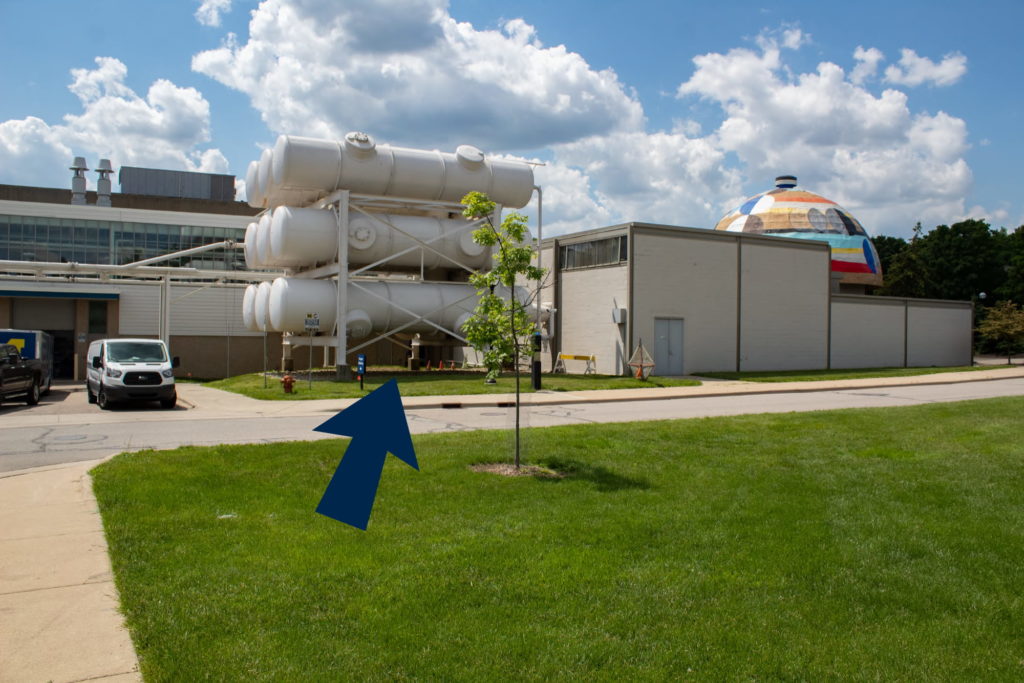 The back of GFL and an arrow pointing toward the back door.