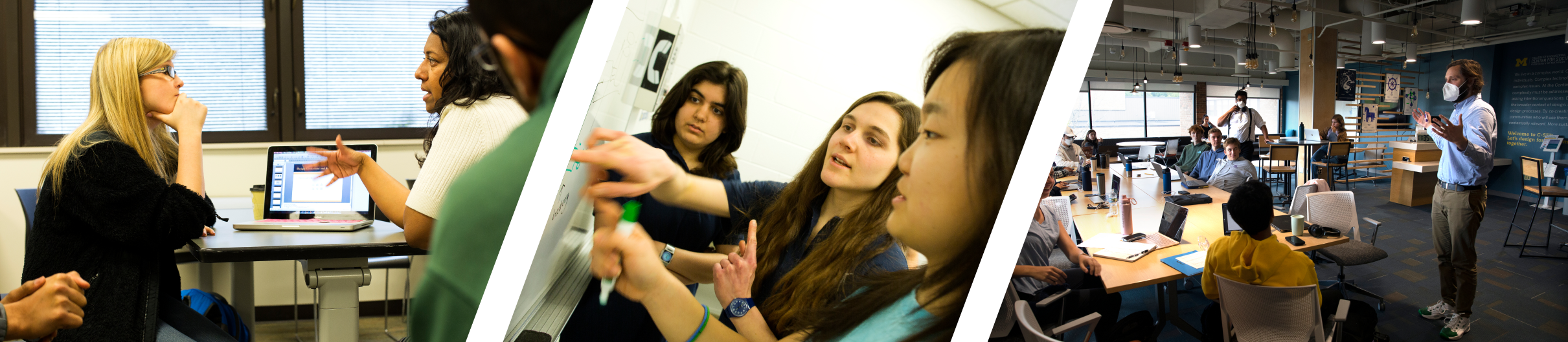 Courses Image Banner Left: Two women talking with one another next to a computer. Middle: Three students talking and writing on a whiteboard. Right: A male teacher talking to his students.